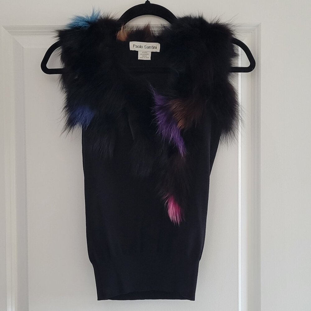 Sleeveless Top with multicolor faux fur collar by Paolo Santini, Medium, Black